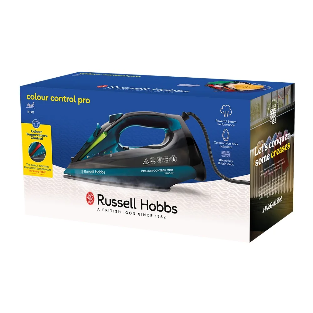 Праска Russell Hobbs Colour Control Pro, 2400 Вт, 380 мл, паровий удар до 185 °C, функція самоочищення, індикатор температури.
