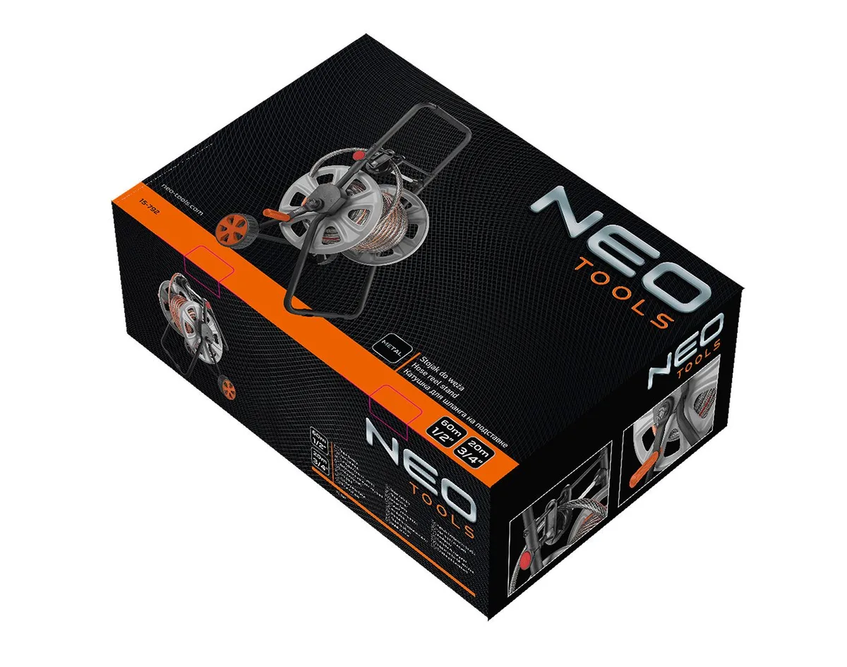 Котушка для шланга Neo Tools на колесах, вміщує 60 м шланга 1/2" та 20 м шланга 3/4".