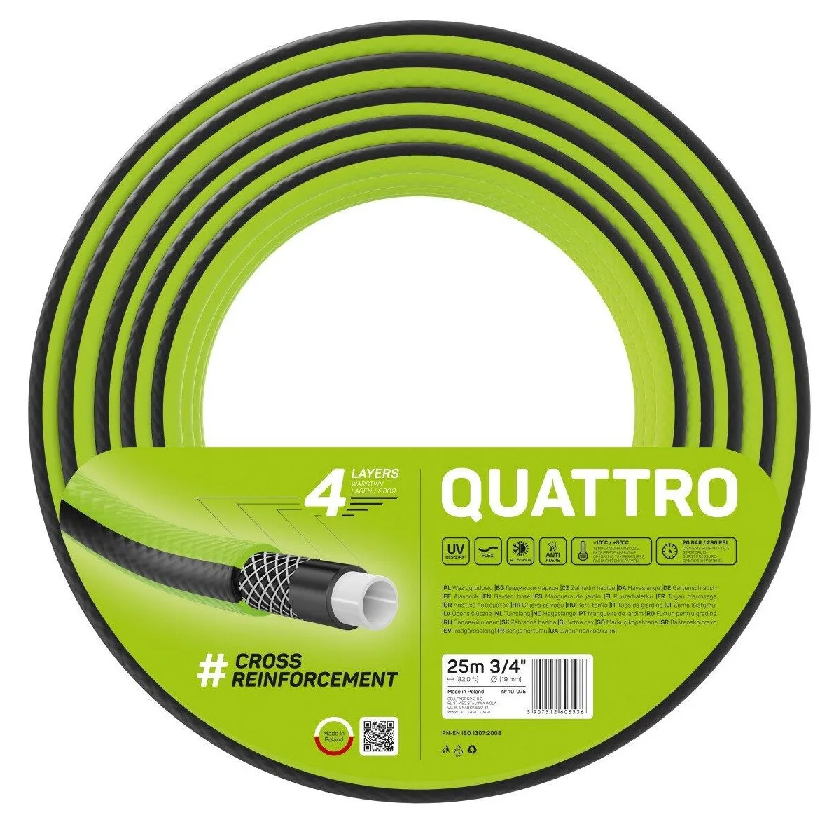 Садовий шланг Cellfast QUATTRO 3/4' 25м, 4 шари, витримує тиск до 20 бар, температурний діапазон -10...+50°C.