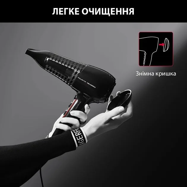 Фен Rowenta x Karl Lagerfeld Powerline, 2100Вт, 3 температурні режими, насадка-дифузор, іонізація, холодний обдув, чорний колір.