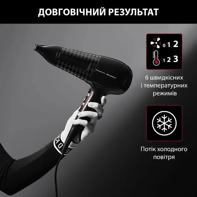 Фен Rowenta x Karl Lagerfeld Powerline, 2100Вт, 3 температурні режими, насадка-дифузор, іонізація, холодний обдув, чорний колір.