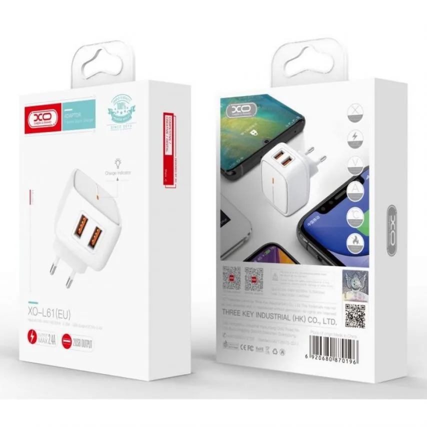 Мережевий зарядний пристрій XO 2USB 2.4A білий