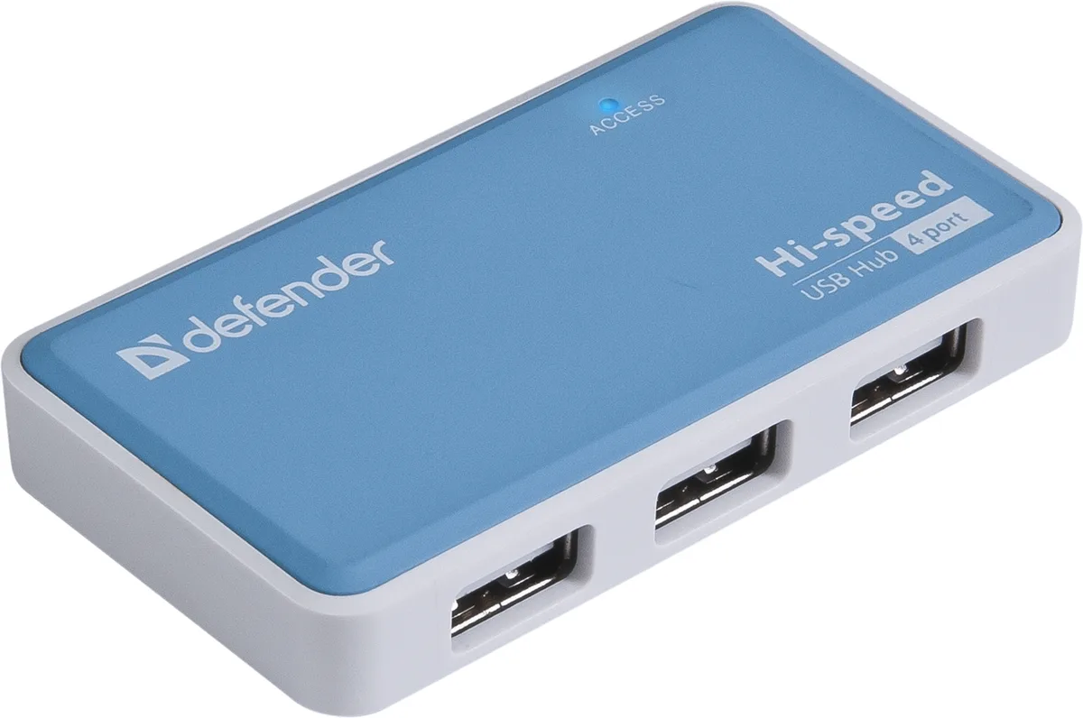 USB-хаб Defender 4 порти USB 2.0 білий блакитний 220В
