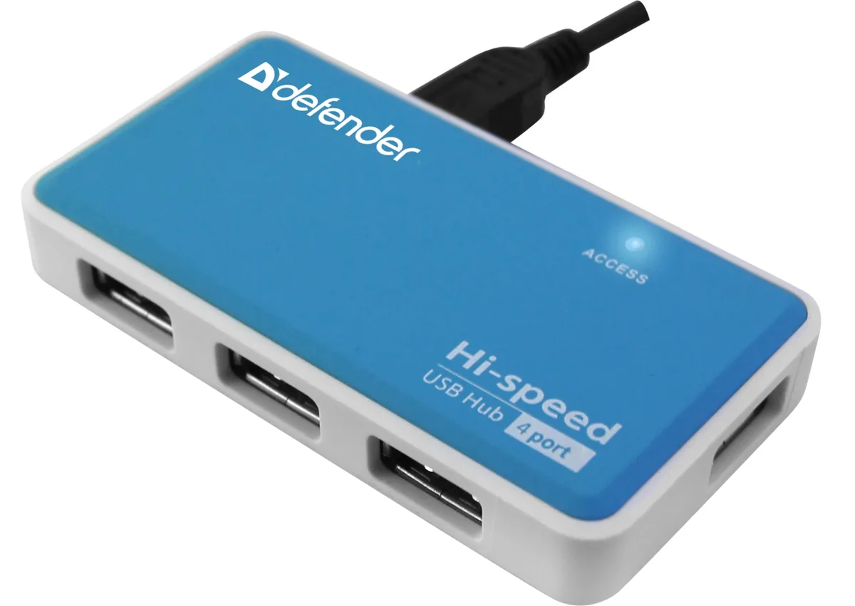 USB-хаб Defender 4 порти USB 2.0 білий блакитний 220В