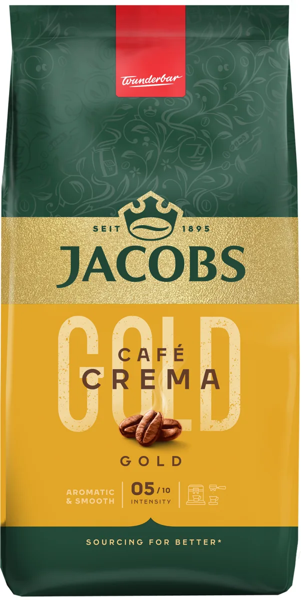 Кава Jacobs в зернах, 1000 г, Crema Gold, суміш арабіки та робусти.
