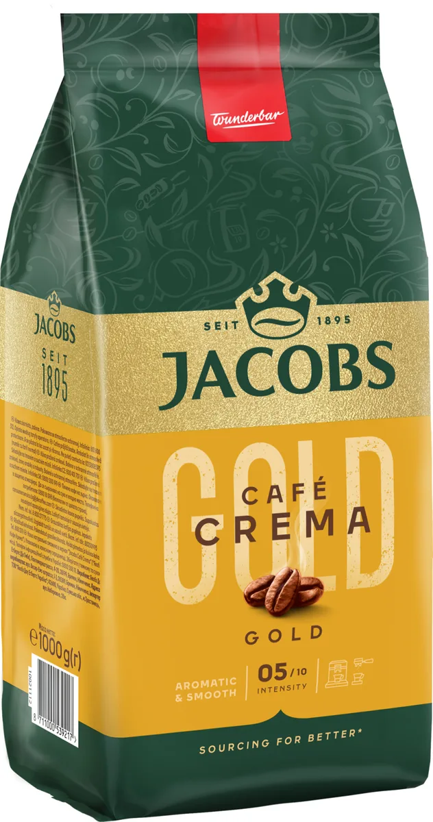 Кава Jacobs в зернах, 1000 г, Crema Gold, суміш арабіки та робусти.