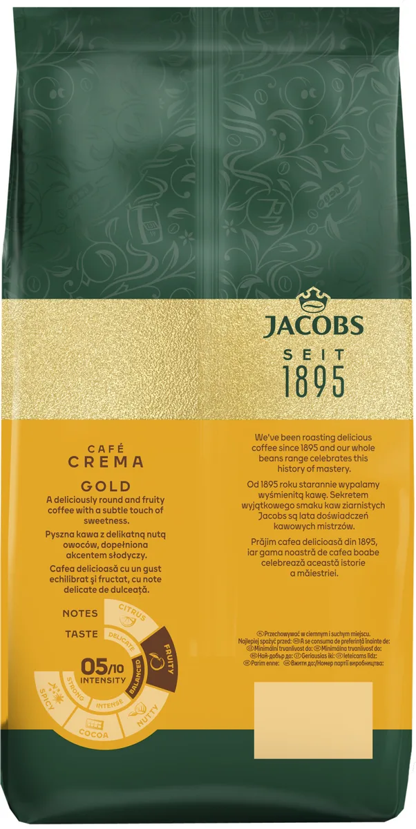 Кава Jacobs в зернах, 1000 г, Crema Gold, суміш арабіки та робусти.