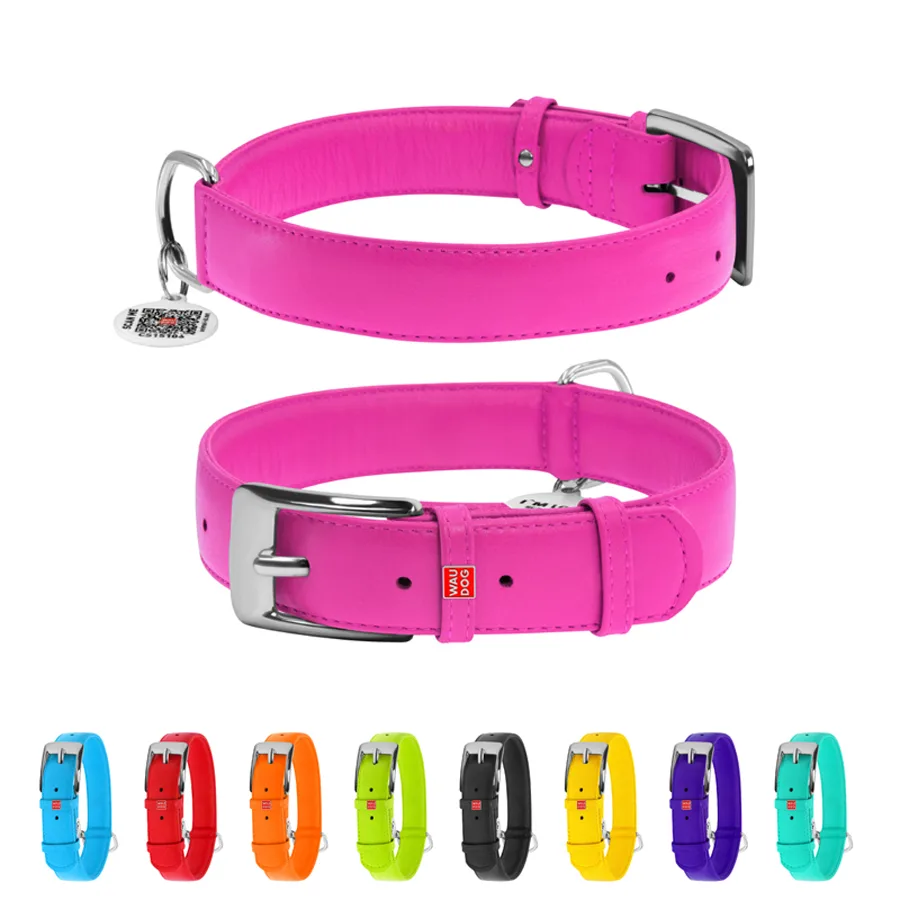 Нашийник WAUDOG Glamour XL шкіряний 35 мм 46х60 см рожевий з QR паспортом