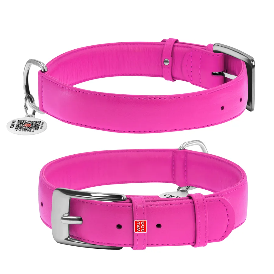Нашийник WAUDOG Glamour XL шкіряний 35 мм 46х60 см рожевий з QR паспортом