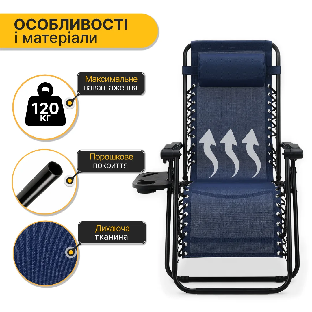 Розкладне крісло-шезлонг LEOBRO Сталева труба 178х64х110 см Синій
