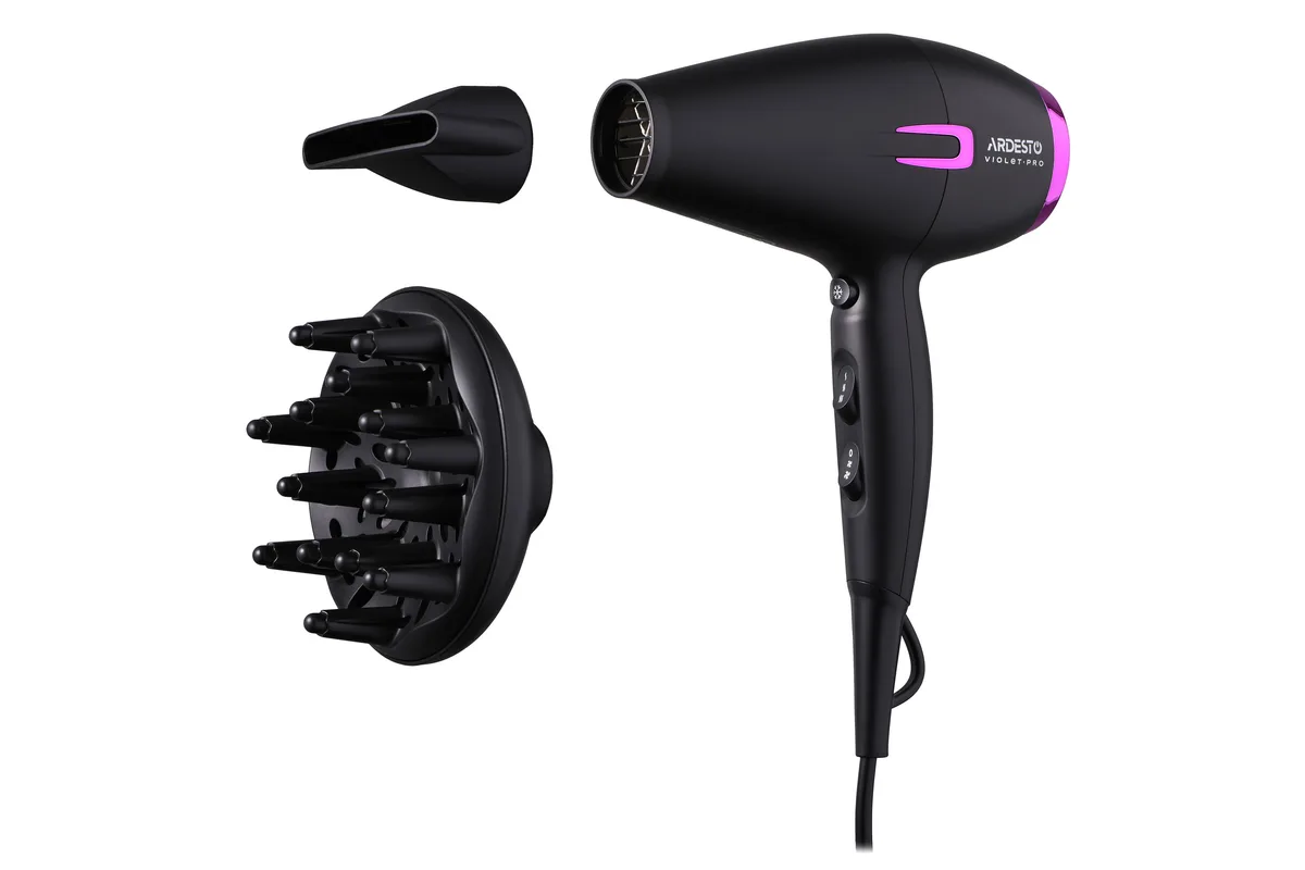Фен ARDESTO Violet PRO HD-Y221PRO, потужність 1750-2100Вт, 2 швидкості, 3 температурні режими, дифузор, чорний.