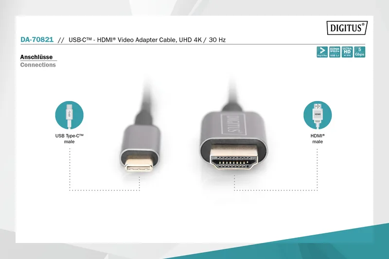 Адаптер DIGITUS USB-C - HDMA UHD 4K, M/M, 1.8м