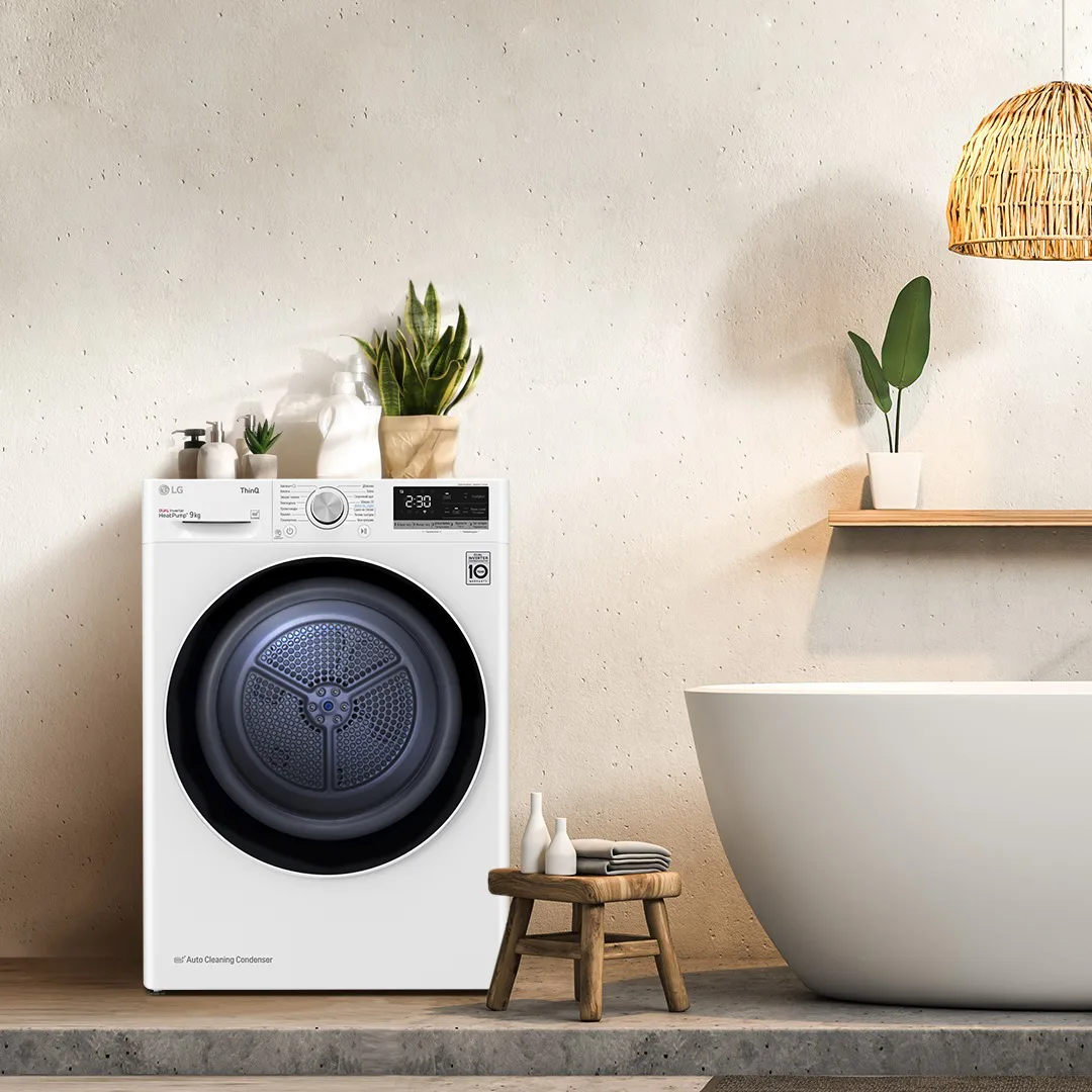 Сушильна машина LG 9кг тепловий насос A++ автоматичне очищення конденсатора для одягу біла