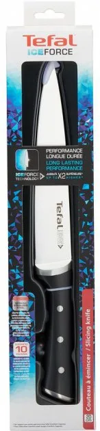 Кухонний ніж для приготування їжі Tefal Ice Force, 20 см, з нержавіючої сталі, пластиковою ручкою, чорного кольору.