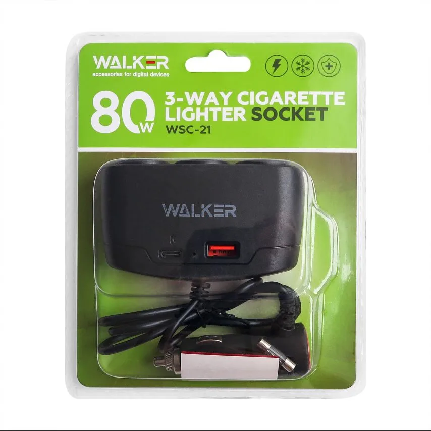 Розгалужувач прикурювача 3в1 WALKER пластик 80W чорний