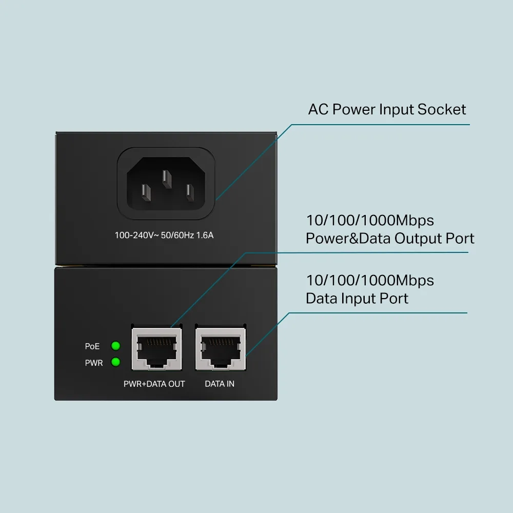 Инжектор PoE TP-LINK POE170S 1xGE, 1xGE PoE, 60Вт