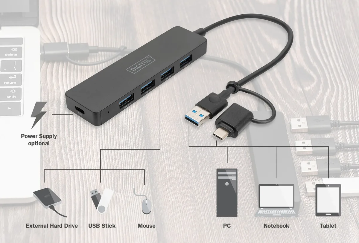 Хаб DIGITUS USB 4 порти 0,2 м чорний
