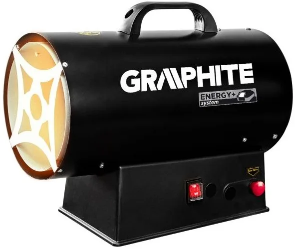 Газова теплова гармата GRAPHITE, акумуляторна 18В, потужність 15кВт, для обігріву площі до 120м2, з продуктивністю 320м3/год, захи