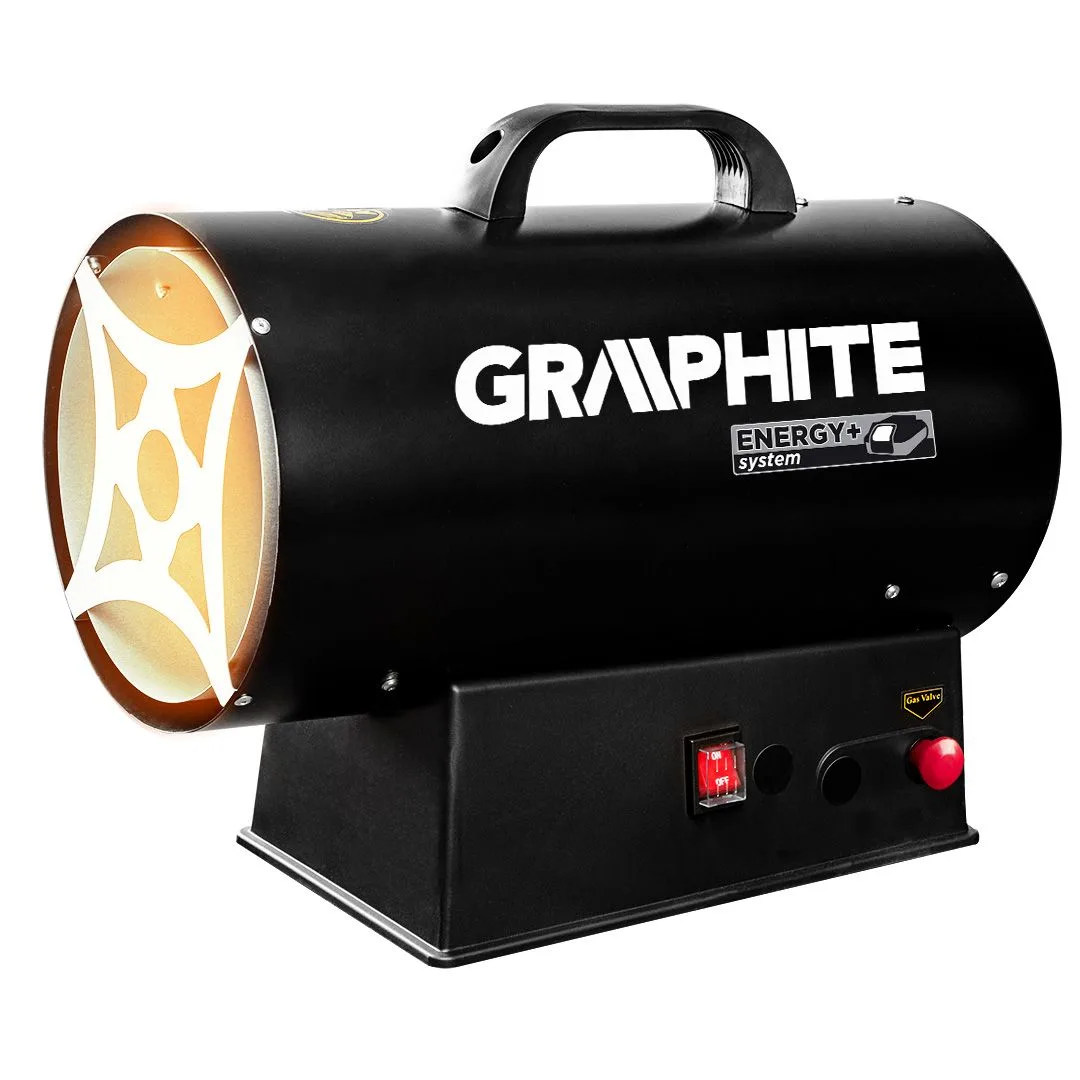 Газовая тепловая пушка GRAPHITE, аккумуляторная 18В, мощность 15кВт, для обогрева площади до 120м2, с производительностью 320м3/ч, защита IP24, черного цвета, вес 5кг.