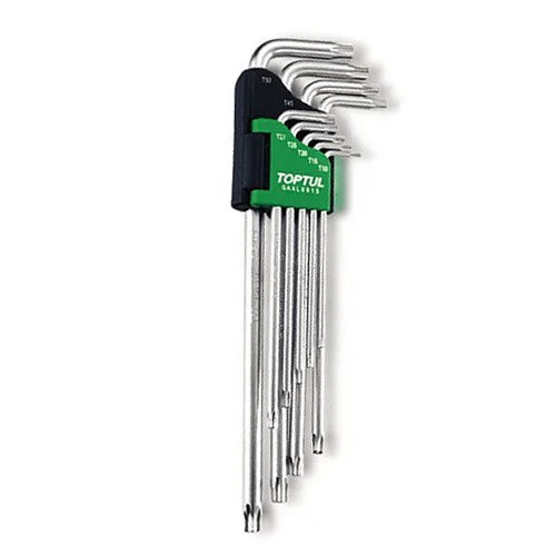 Г-подібні ключі TORX T10-T50 9шт супердовгі з отвором нержавіюча сталь сріблястий