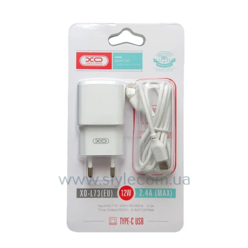 Зарядное устройство XO 12W 1USB 2.4A с кабелем Type-C 1м Белое