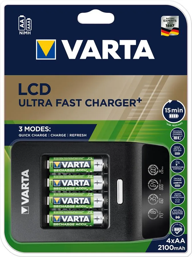Зарядное устройство Varta LCD Ultra Fast Plus Charger 4xNI MH AA2100 мА•ч