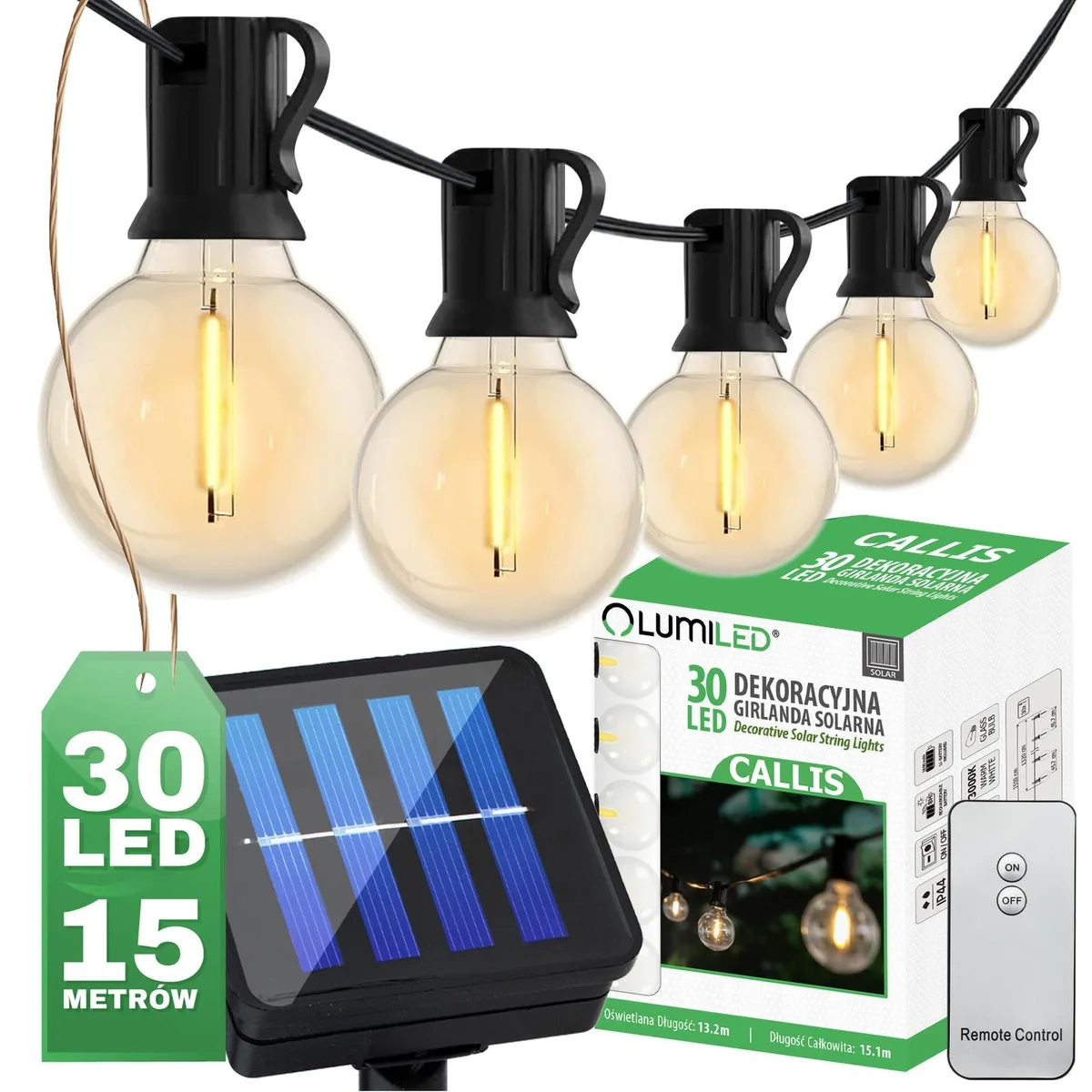 Сонячна гірлянда LumiLED пластикова 15м чорна 30 LED тепле світло 3000K IP44