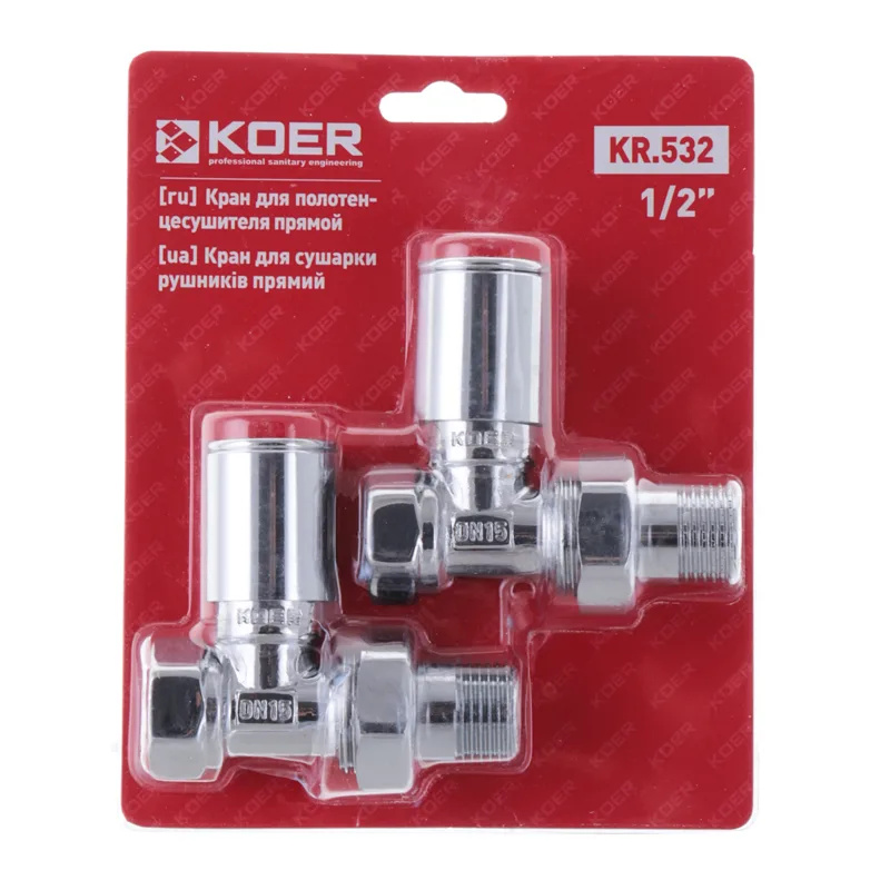 Кран Koer 1/2" для рушникосушки прямий металевий хромований