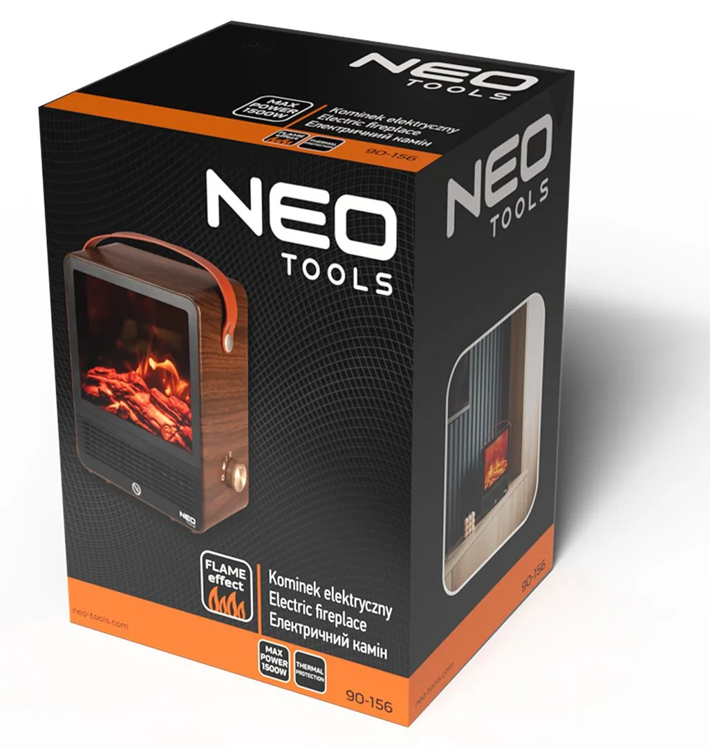 Електричний декоративний камін Neo Tools, потужність 850/1500Вт, для приміщень площею 15–20 м2, з регулятором, розміри 25х14.4х30.