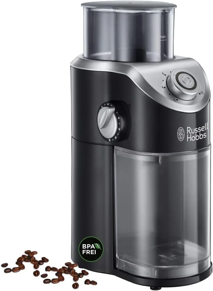Кавомолка Russell Hobbs жорнова Classic, 140Вт, ємність для зерен 100г, з регулюванням ступеня помолу, пластиковий корпус, чорного