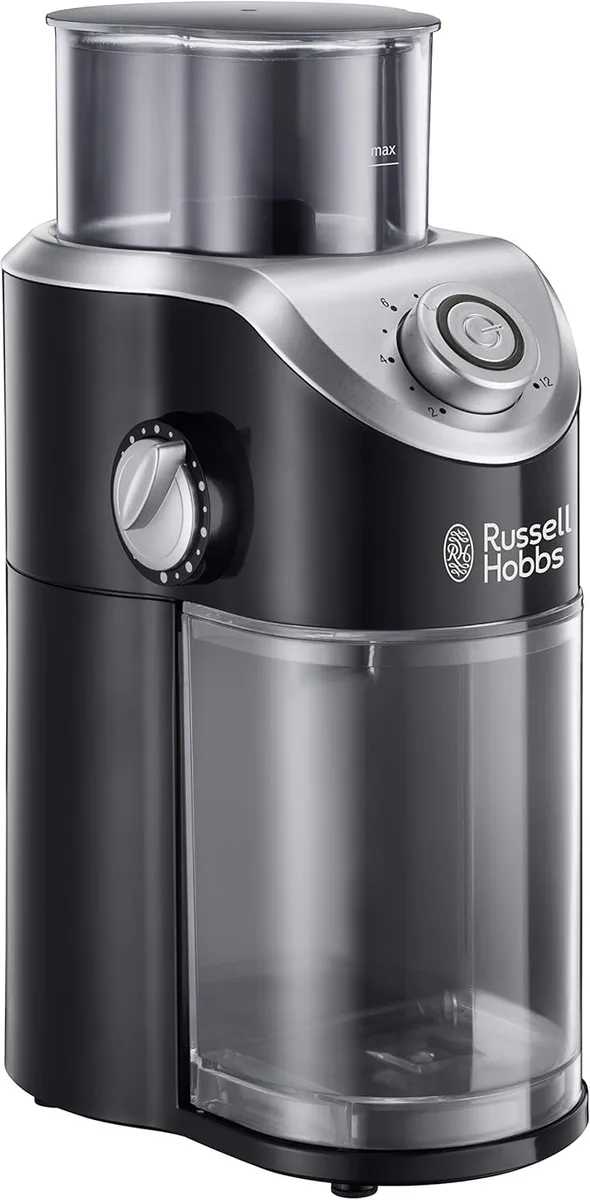 Кавомолка Russell Hobbs жорнова Classic, 140Вт, ємність для зерен 100г, з регулюванням ступеня помолу, пластиковий корпус, чорного