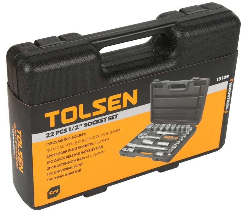 Набір інструментів Tolsen, набір торцевих головок 1/2", CrV, 22 предмети.