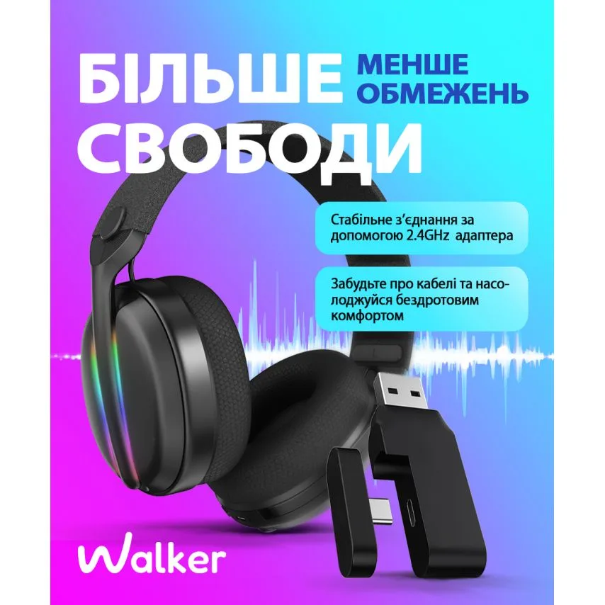 Ігрові навушники Bluetooth WALKER чорні 44 мм 900 mAh