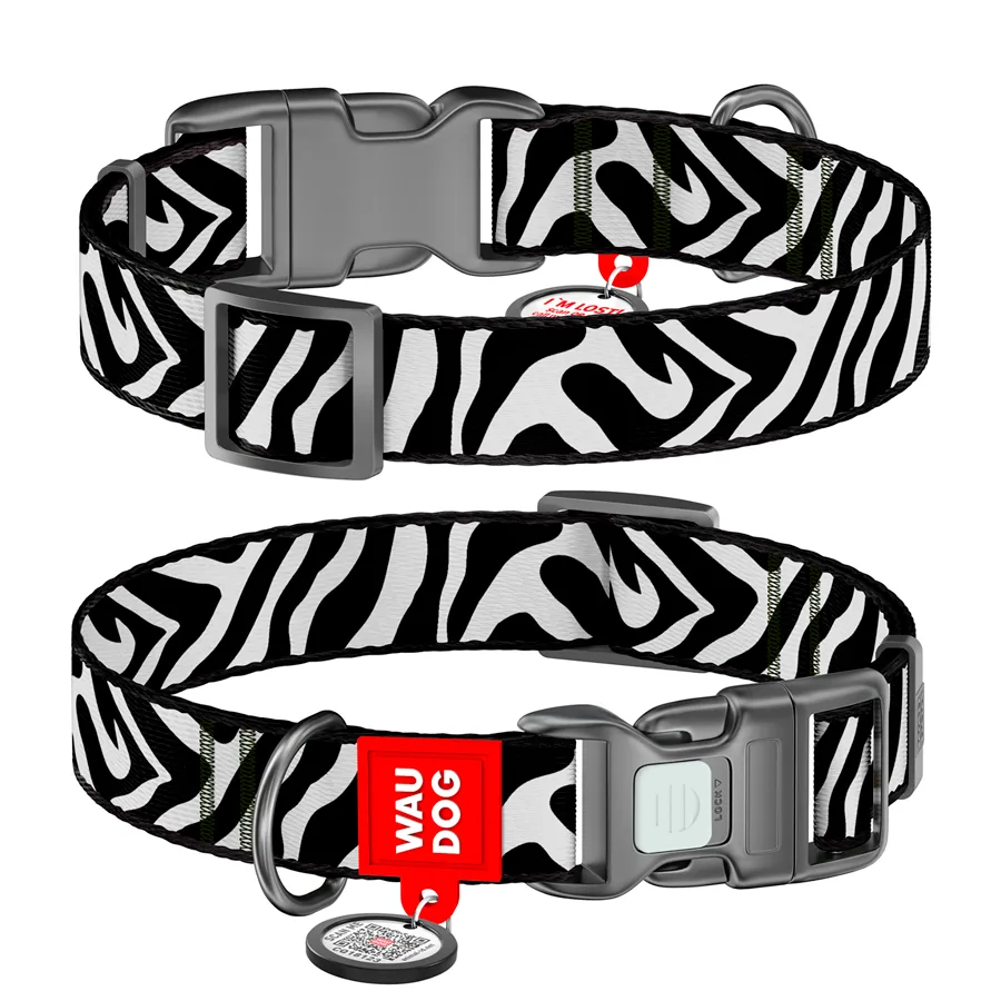 Нашийник WAUDOG Nylon L 33-49 см нейлоновий з QR адресником Зебра 25 мм