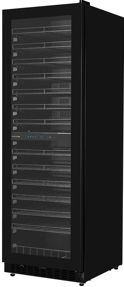Холодильник для вина Philco, 176x60x68 см, об'єм 418 л, 2 зони, місткість 131 пляшка, дисплей, підсвітка, чорний.