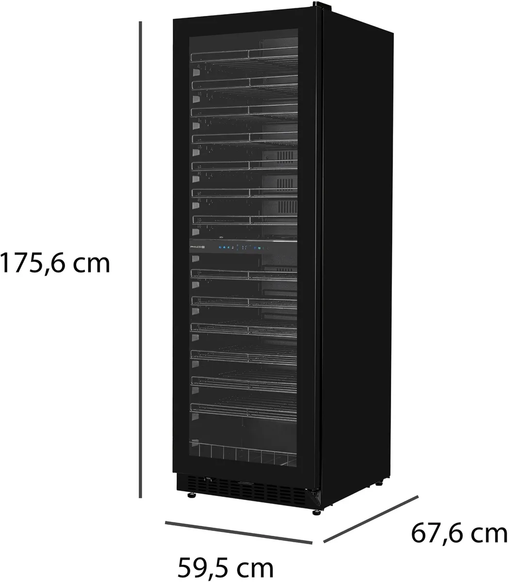 Холодильник для вина Philco, 176x60x68 см, об'єм 418 л, 2 зони, місткість 131 пляшка, дисплей, підсвітка, чорний.