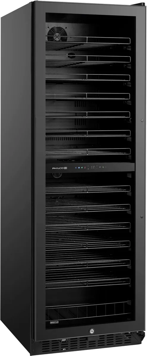 Холодильник для вина Philco, 176x60x68 см, об'єм 418 л, 2 зони, місткість 131 пляшка, дисплей, підсвітка, чорний.