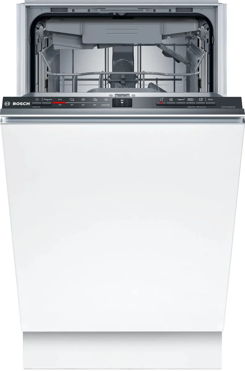 Вбудована посудомийна машина Bosch, 10 комплектів, клас енергоефективності A++, ширина 45 см, з дисплеєм та третім кошиком, біла.