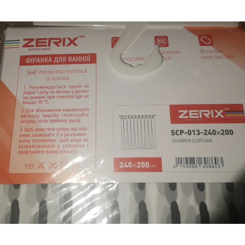 Шторка для ванной Zerix PEVA 240х200 см Узоры Клетка серая