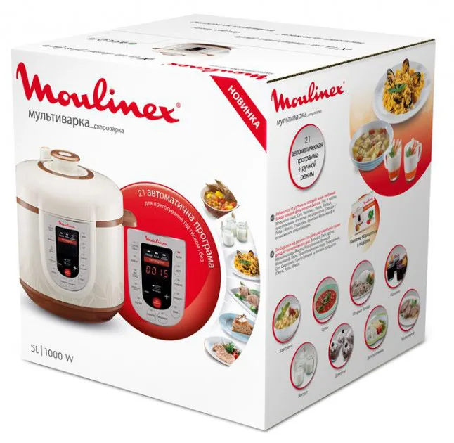 Мультиварка-скороварка Moulinex, 1000 Вт, 5-літрова чаша, сенсорне управління, метал/пластик, білий колір.