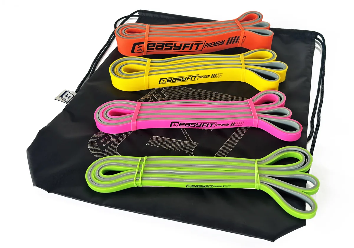 Набор резинок для подтягиваний EasyFit Premium 4 шт 2-45 кг двухслойные зеленый розовый желтый оранжевый