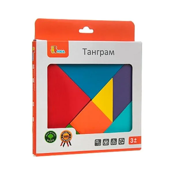 Гра-головоломка Viga Toys Дерев'яний танграм 16х16 см Різнокольоровий