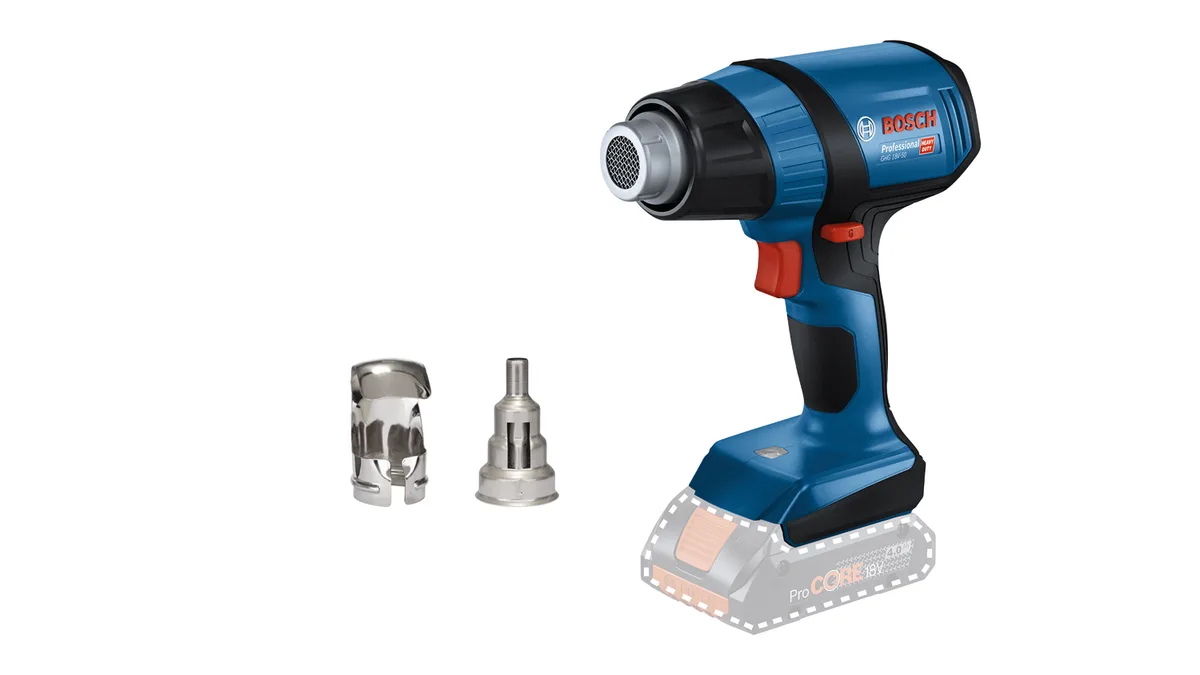 Акумуляторний будівельний фен Bosch Professional GHG 18V-50, 18В, 300/500°C, 175 л/хв, вага 0.59 кг, без батареї та аксесуарів.