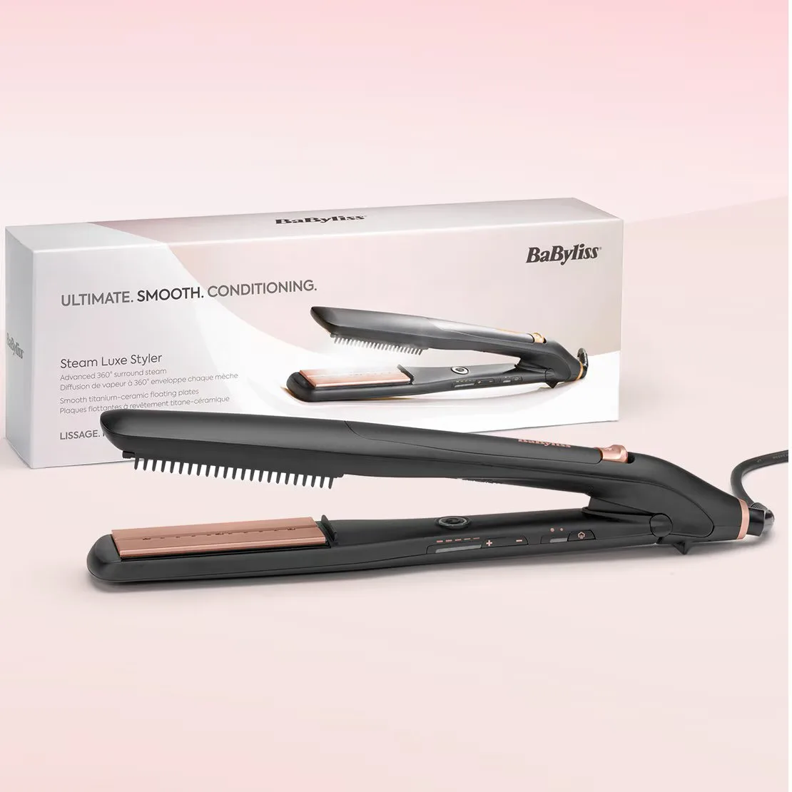 Випрямляч волосся Babyliss Steam Lux Styler, 56 Вт, 5 температурних режимів (170-210 °C), термокилимок, керамічне покриття, чорний
