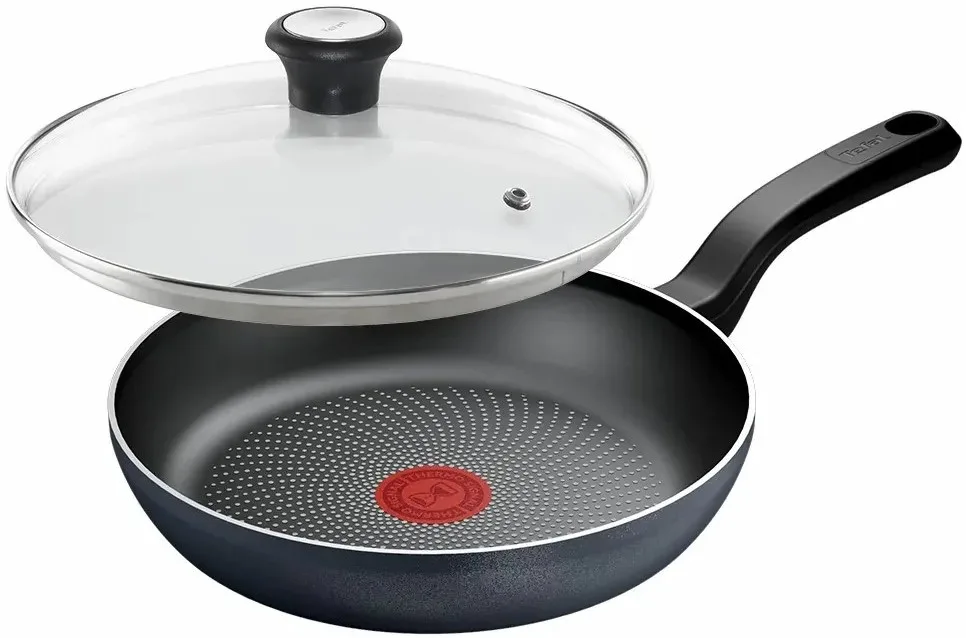 Сковорода з кришкою Tefal So' Light, 24 см, алюмінієва, з бакелітовою ручкою та скляною кришкою, чорного кольору.