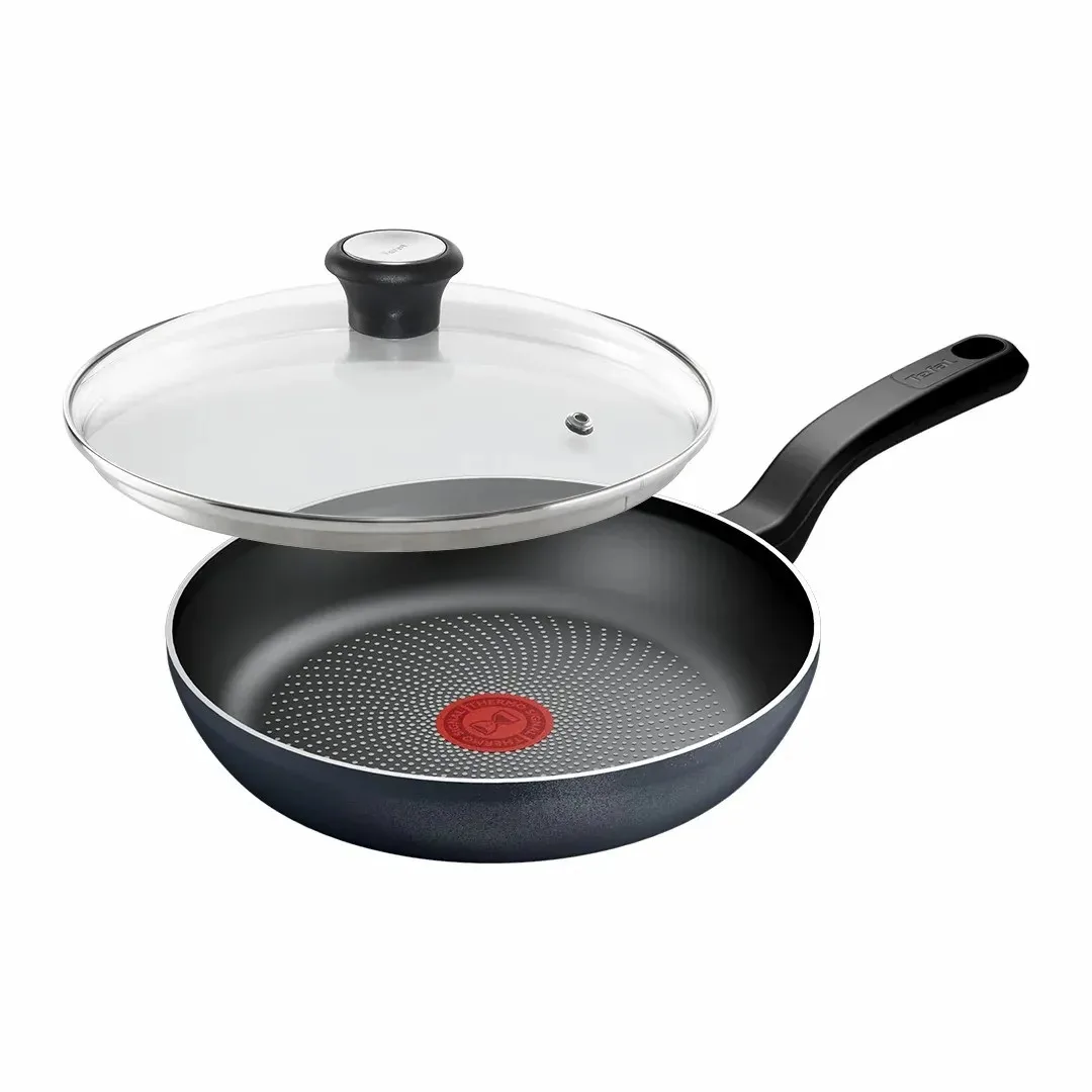 Сковорода з кришкою Tefal So' Light, 24 см, алюмінієва, з бакелітовою ручкою та скляною кришкою, чорного кольору.