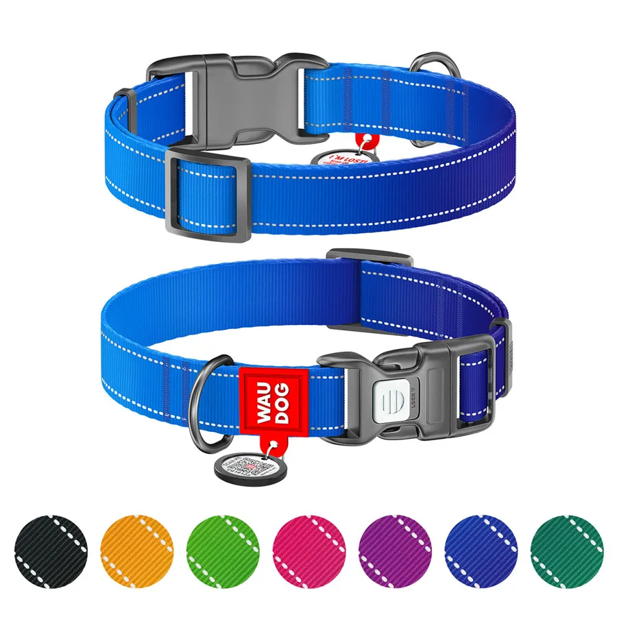 Нашийник WAUDOG Nylon Mono L 33-49 см нейлоновий світловідбивний синій з QR паспортом