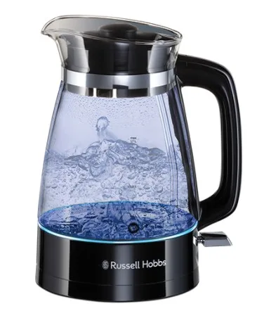 Електричний чайник Russell Hobbs Hourglass 1.7 л, скляний, з підсвічуванням, чорний з сріблястими елементами.