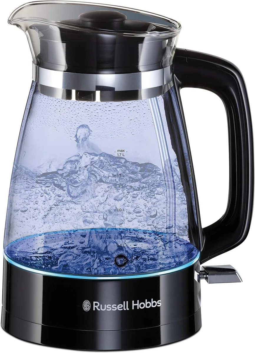 Електричний чайник Russell Hobbs Hourglass 1.7 л, скляний, з підсвічуванням, чорний з сріблястими елементами.