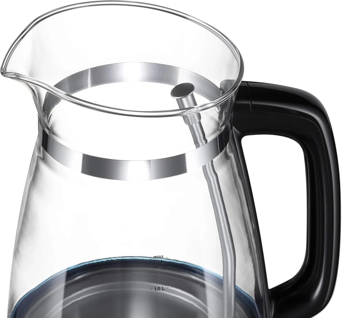 Електричний чайник Russell Hobbs Hourglass 1.7 л, скляний, з підсвічуванням, чорний з сріблястими елементами.